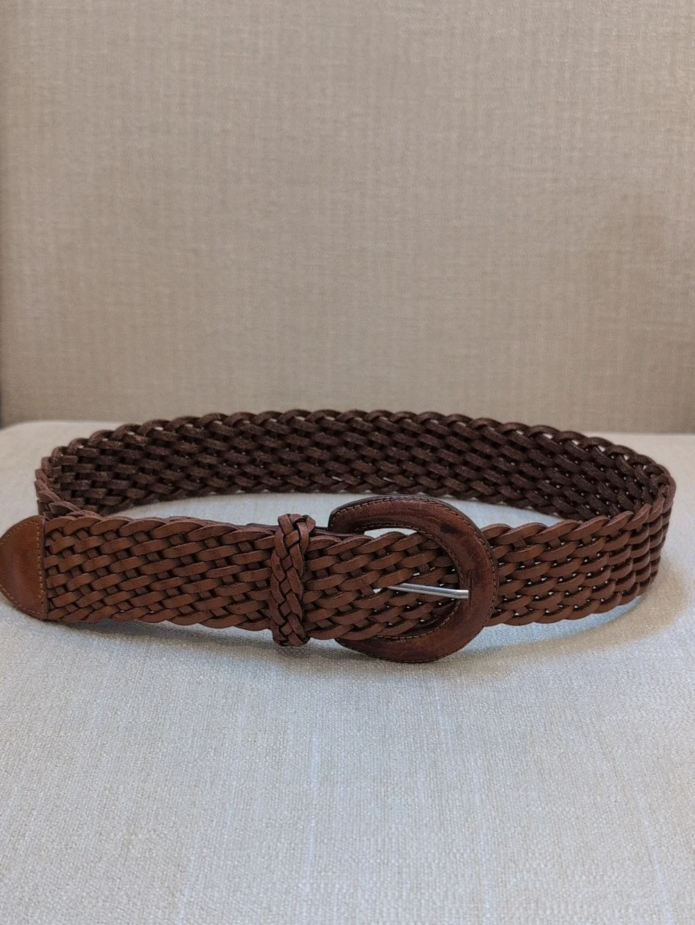 Eddie Bauer Brown Leather Woven Belt Size M Classic Casual Style Made in USA